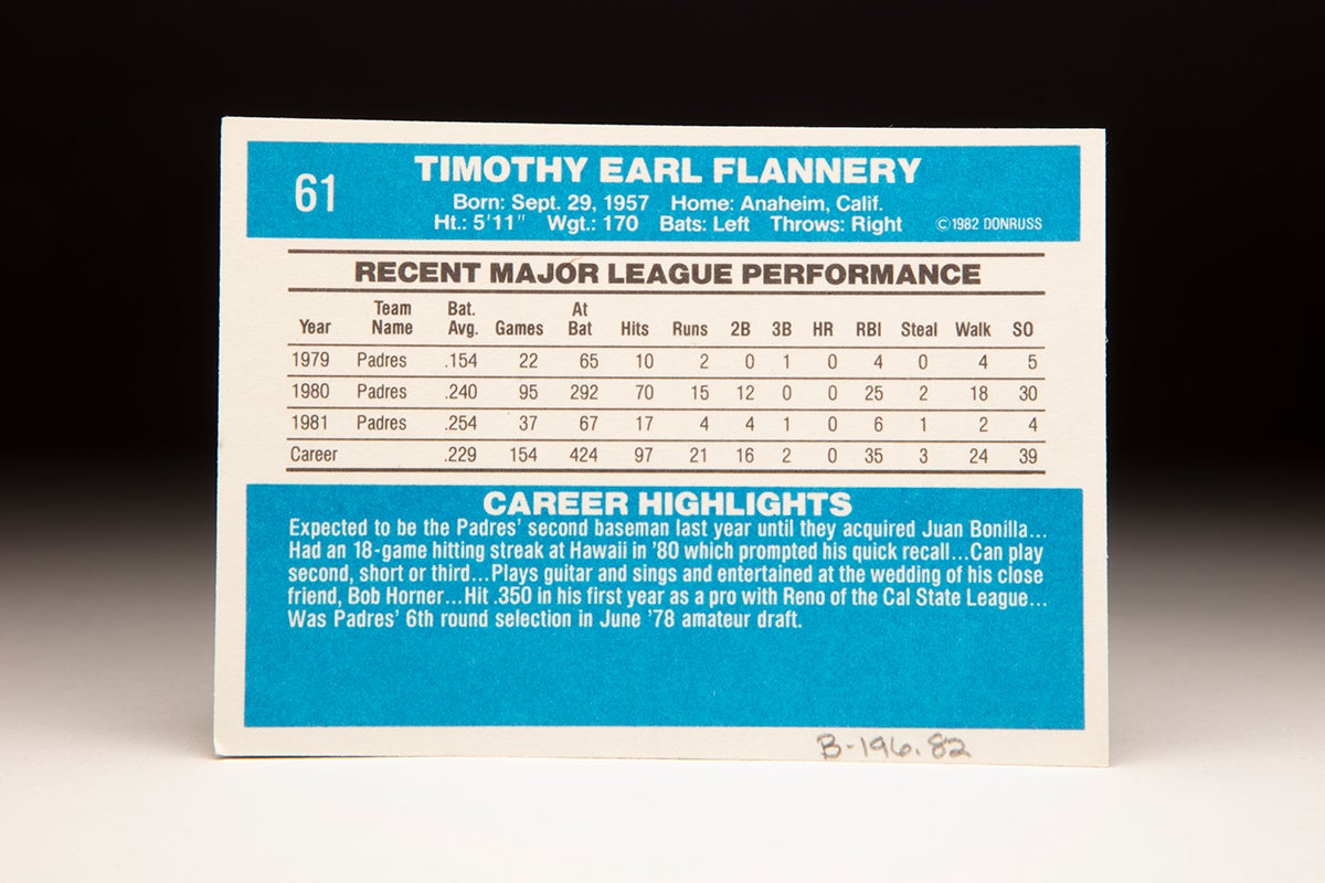 Back of 1982 Donruss Tim Flannery card