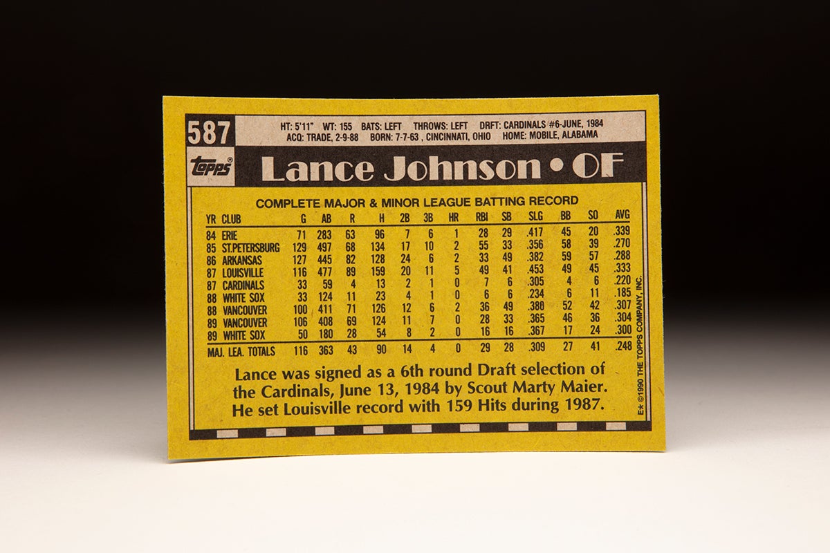 Back of 1990 Topps Lance Johnson card