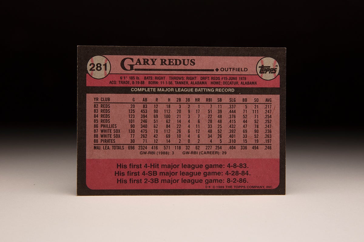 Back of 1989 Topps Gary Redus card