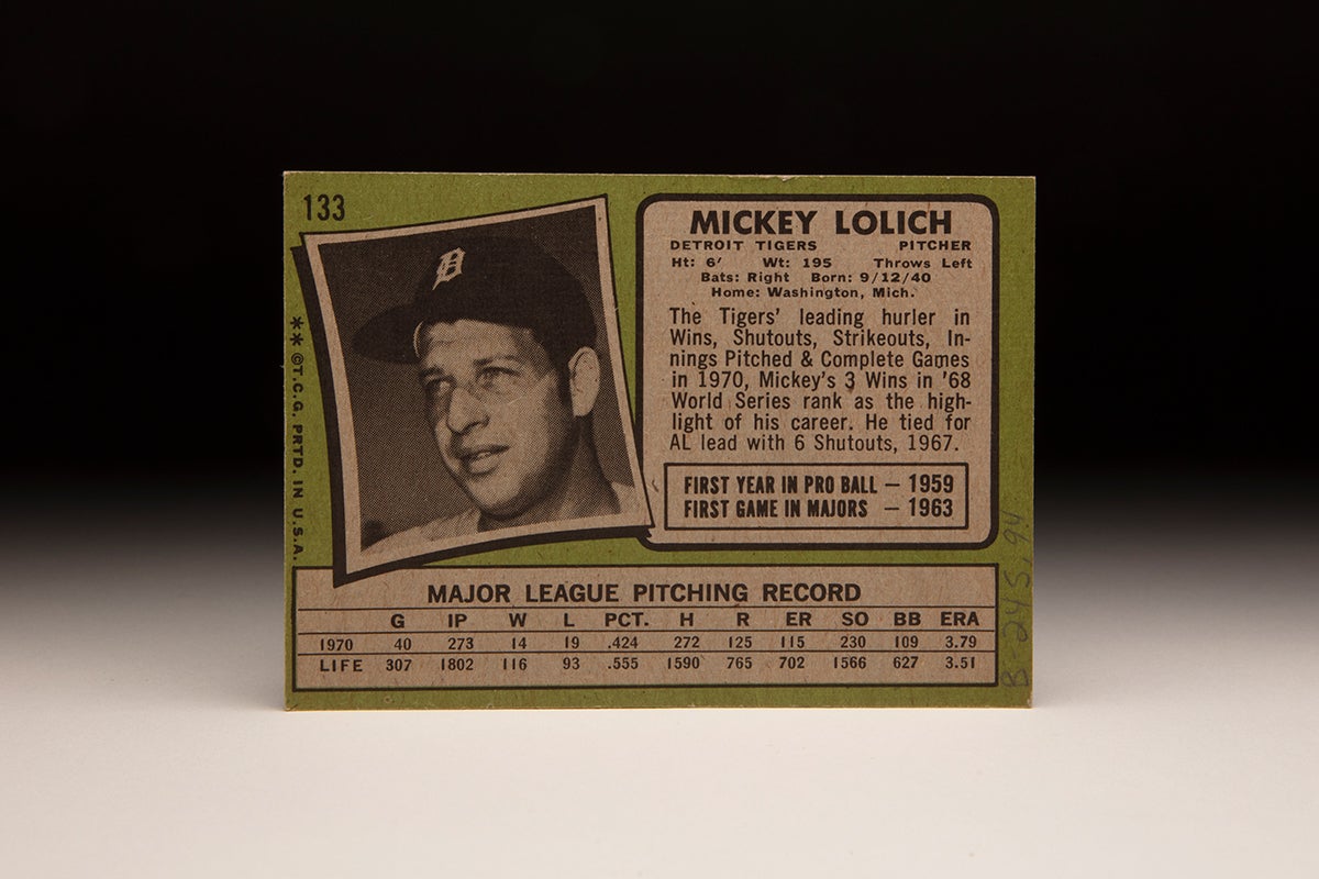 Back of 1971 Topps Mickey Lolich card