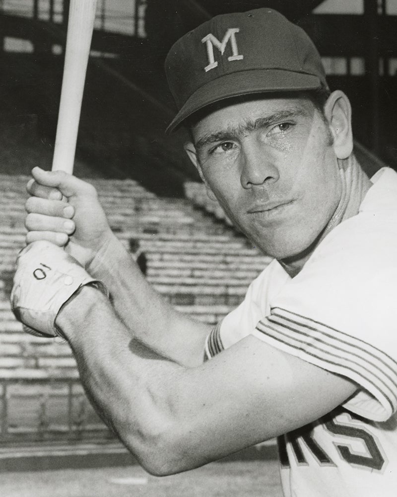 Batting portrait of Max Alvis in Brewers uniform