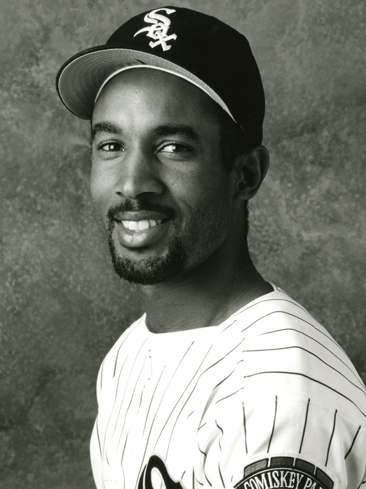 Head and shoulders portrait of Lance Johnson in White Sox uniform