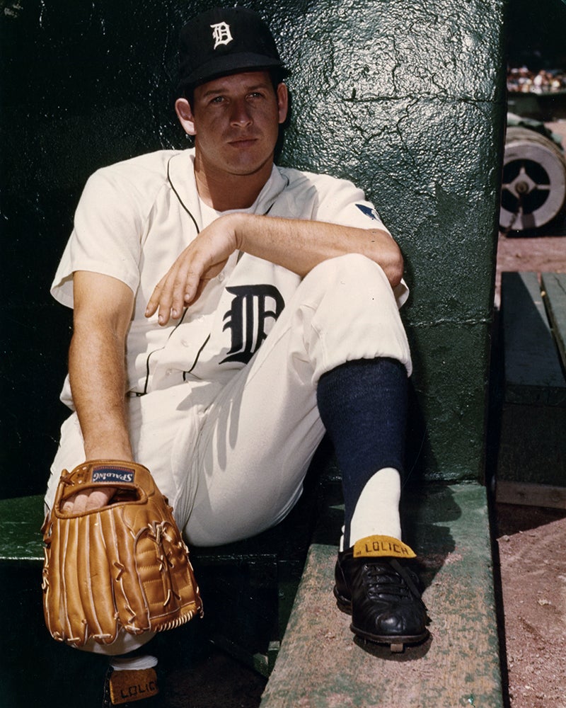 Posed portrait of Mickey Lolich in Tigers dugout