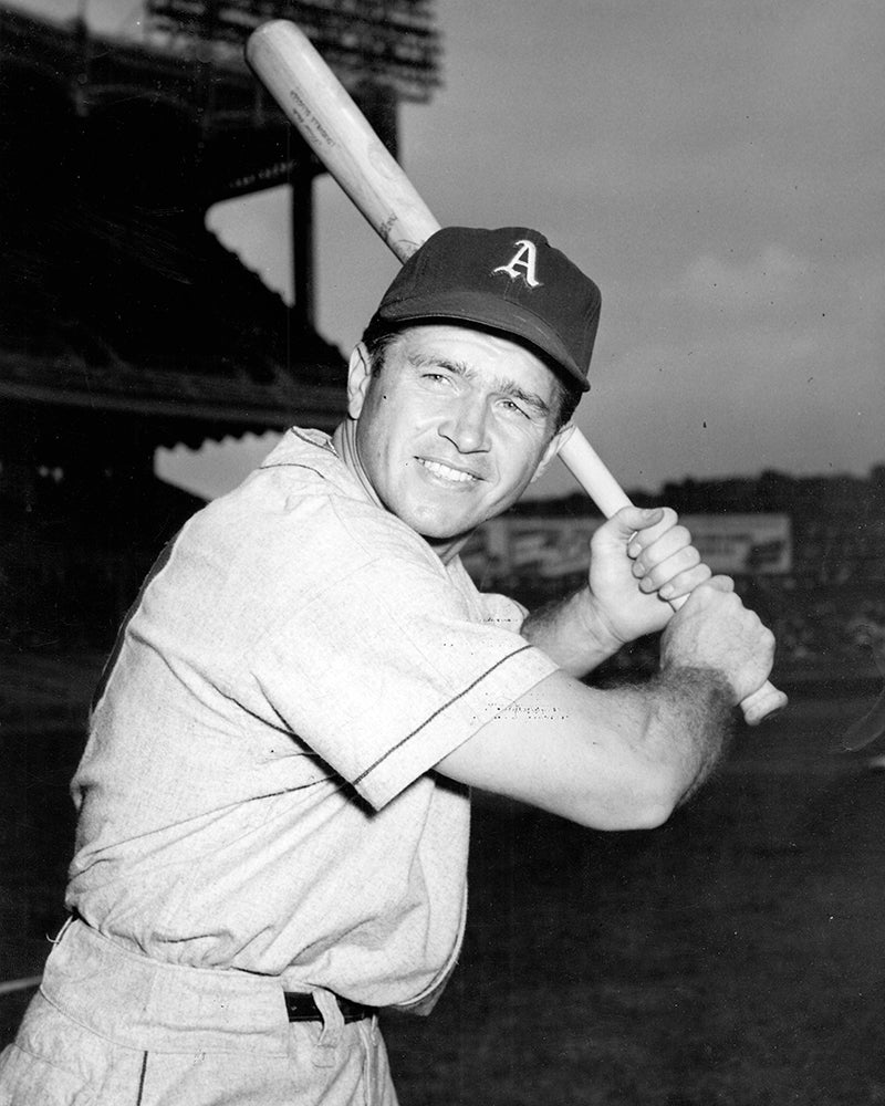 Batting portrait of Elmer Valo in Athletics uniform